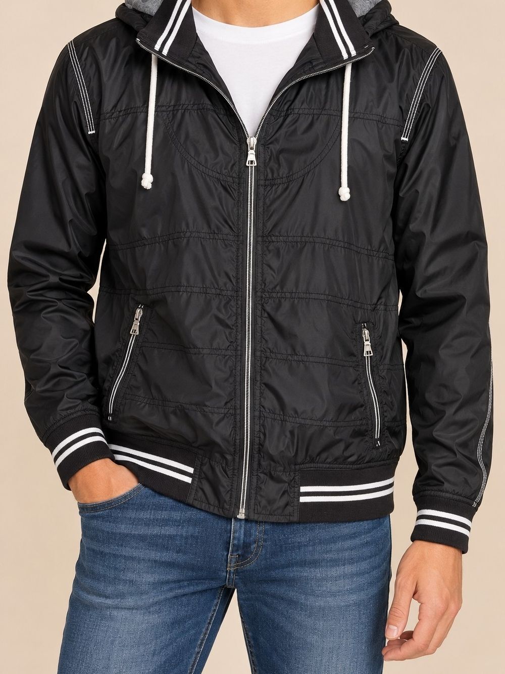 American Rag Black Hooded Windbreaker Jacket Striped Trim Lightweight Sz L